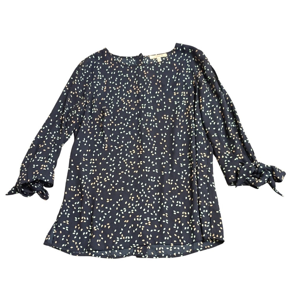 Serein Blouse Womens Small Navy Blue Seed Print Tie Cuff Button Back